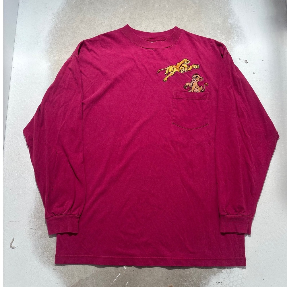 Vintage Disney Store Lion King Simba Nala Embroidered Pocket T-Shirt Magenta XL
